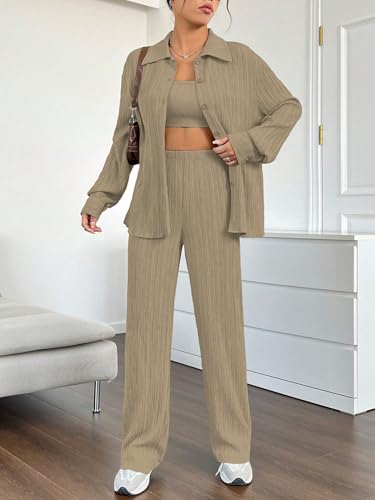 Image of Shasmi Women's 3-Piece Co-ord Set - Solid Button Front Shirt, Strapless Tube Top & Wide Leg Pants | Casual Loose Fit Western Outfit for Daily Spring /Fall Wear (Co-Ord-208)