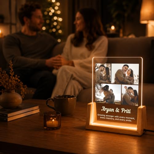 Image of Giftplease Personalized LED Acrylic Photo Frame with Custom Photos & Names | Engraved Acrylic Picture Lamp | Wooden Base | USB Warm LED Night Light | Anniversary, Wedding, Birthday, Couple, Family