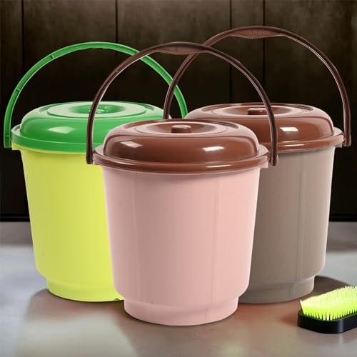 Image of Kuber Industries 3 Pcs 18 Liter Plastic Bucket for Bathroom | Balti for Bathroom | Plastic Bucket for Daily Use | Water Storage Bucket | Green-Peach & Mink Grey