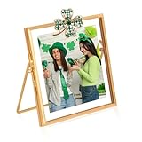 Himitimi 4x4 Double Glass Frame with Four Leaf Clover Brooch, Handmade Metal Floating Picture Frame for Pressed Flower Tabletop Display Frames for St. Patrick’s Day Home Office Decor(Gold)