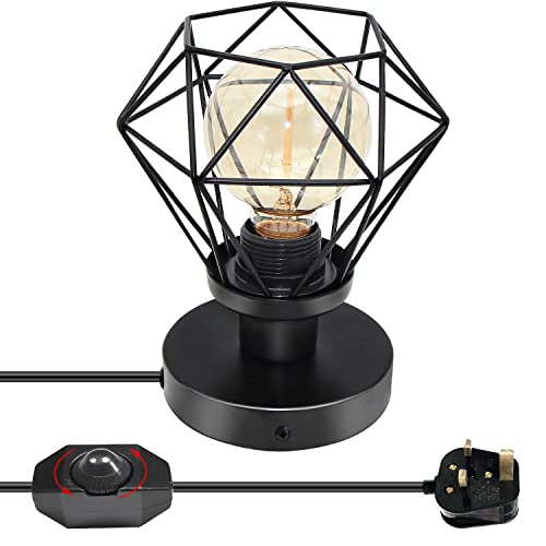 Industrial Table Lamp,Dimmable Black Metal Cage Small Desk Lamp,Retro Bedside Lamps, 4.7in E26 E27 Lamp Holder Night Lights Base, DIY Lampshade,Plug in &Hardwired Wall Light for Living Room Bedroom