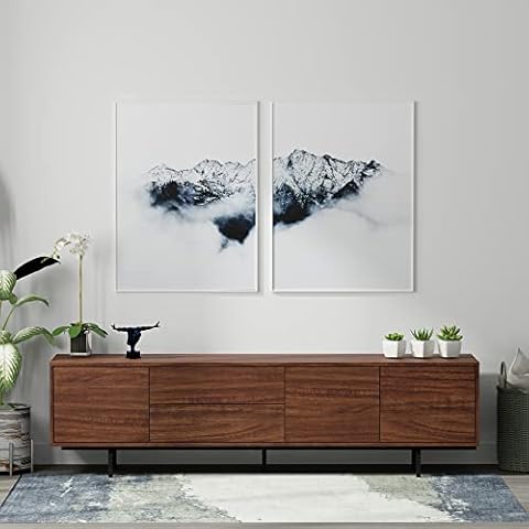 Glenwillow Home Atlas 78" x 20" Modern TV Stand Cabinet - Walnut Frame, Walnut Door/Drawers, Black Base Cover