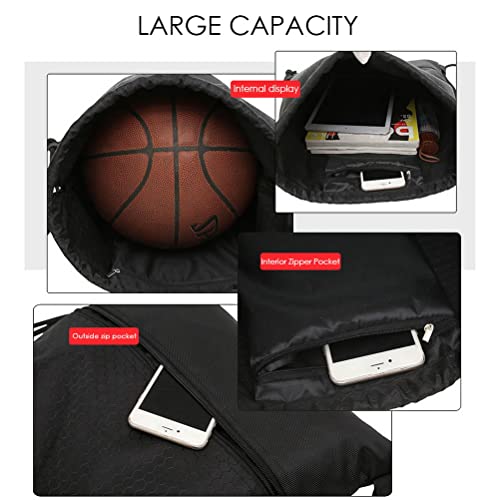 Drawstring Backpack Bag, Waterproof Draw String Back Sack With Zip Pocket, Gym Drawstring Bags Swim Bag For Men Women (Black, Upgraded) #TOP5