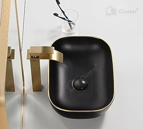 Image of CLUSTER Designer Matt Ceramic Table Top /Counter Top /Wash Basin For Bathroom And Livingroom Decor, Black And Golden Border, Rectangular, 455x320x135 MM