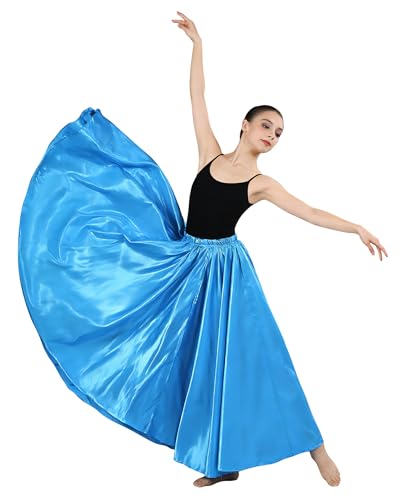 YZDMDM Women's Satin Flamenco Dance Skirt Belly Costume Long Full Adult Spanish Bull Ruffle Skirts Girl's Dancing Degree Maxi Sky Blue