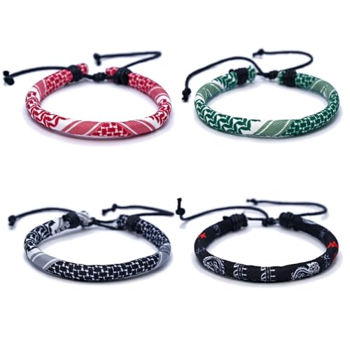 TUCEWP 4Pcs Palestinian Keffiyeh Bracelets for Women Men Country Proud Adjustable Braided Wristband Handmade Woven String Bracelets Palestinian Rope Bracelets Black Grey Green Red Fabric Wrist Wrap
