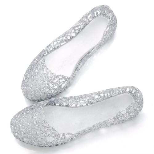 Image of Stunner Women Beach Jelly Shoes Slip On Crystal Summer Hollow Ballet Flats | Summer Cool PVC Breathable Outdoor Indoor Dressy Flat Sandals for Holiday Shopping Spa Swimming Pool