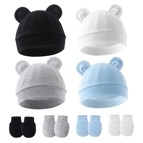 4 Set Newborn Baby Hats and Mittens, Soft Cotton Infant Essentials 0–3 Months, Cute Infant Hats for Boys and Girls