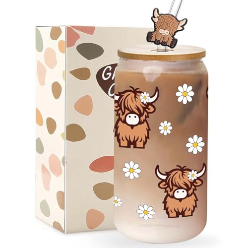 Highland Cows Decor Print Stuff Gifts for Women Highland Cow Lovers Coffee Cup with Cow Straw - Cute Coffee Cups/Tumbler Christmas Birthday Gifts for Women Girls, Glass Cup with Lid and Straw 16oz
