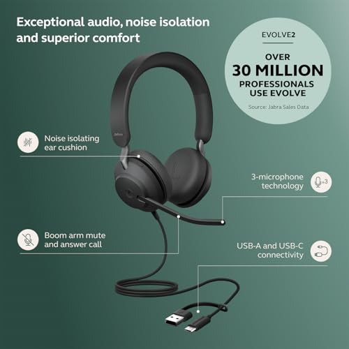 Image of Jabra Evolve2 40 SE (2026 Version) Wired Stereo Noise-Cancelling Headset - Features 3-Microphone Call Technology and USB-C /A Cable - MS Teams Certified, Works with All Platforms - Black