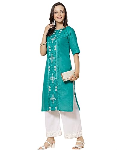 Image of Vinchic Women's Round Neck A-Line Cotton Embroidery Green Kurti (EmbBottle-91011-P)