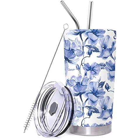 Travel Tumbler Double Wall Vacuum Insulated Floral Mug Stainless Steel Coffee Cup with 2 Straws and 1 Cleaning Brush (20Oz, 550ml ) Cover