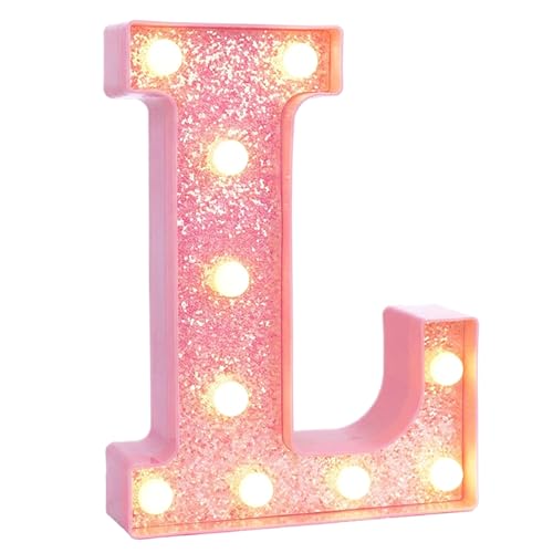 Image of Pink Marquee Light Up Letters, Glitter Alphabet LED Letter Lights for Pink Birthday Party Decorations, Battery Operated Letter Sign for Girls Room Vanity Table Decor, Warm White Lights Letter L