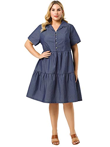 Image of Agnes Orinda Plus Size Chambray Dress for Women Short Sleeve Button Down Flowy Tiered Shirt Dresses