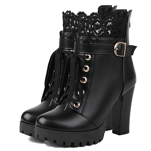 Image of FOREADA Goth Boots Chunky Heel Boot For Women Ankle Combat Booties Black Platform Bootie Buckle Rivets Punk Goth Shoes With Zipper