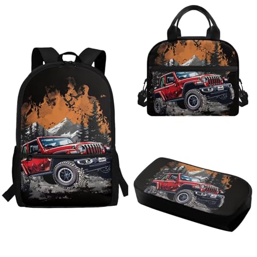 3pcs Backpack Sets Jeep for Kindergarten,Elementary Middle school Large Capacity Adjustable Shoulder Strap School Bag With Lunch Box Pencil Case