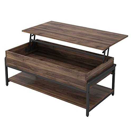 Novilla Mesa de Centro elevable para salón, Segura y Estable, Mesita Industrial con elevación hidráulica silenciosa, 102 cm (Ancho) x 52 cm (Fondo) x 42-56 cm (Alto), Marco de Tubo (Nogal Americano)
