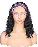 SYMEIW Black Wavy Headband Wig For Black Women Curly Half Wigs With Headband Attached Synthetic Wrap Wigs For Daily Use (Black)