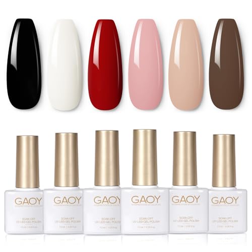 Image of GAOY White Red Black Gel Nail Polish Set, 6 Colors Brown Pink Nude Soak Off UV Light Cure Gel Polish Kit for Salon and Nail Art DIY at Home