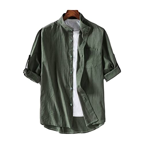 Men's Linen Button Down Dress Shirts Casual Hippie Cotton Beach T Shirts Solid Color Summer Yoga Tops with Pocket (Armygreen,5X-Large)