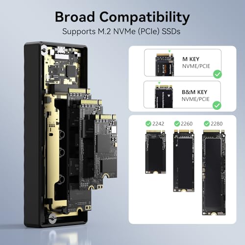Image of M.2 NVMe SSD Enclosure,USB 3.2 Gen 2 to NVME PCI-E SATA M-Key /(B+M) Key Aluminum External Case Reader Support UASP Trim for 2230 /2242 /2260 /2280 NVMe SSDs