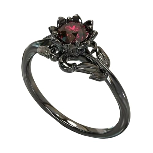 Cubic Zirconia Rings For Women, Gothic Ring Black Flower Crystal Stackable Trendy Floral Eternity Travel Engagement Statement Wedding Birthday Jewelry Gift4