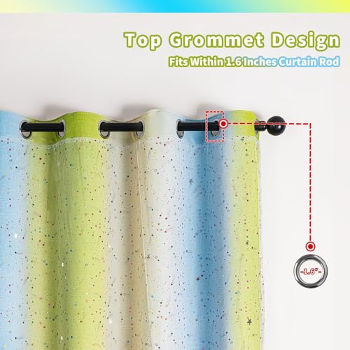 Image of 52x95 Mix & Match Double Layer Laser-Cut Stars Gradient Blackout Curtains with Foil Print Sheer, 2 Panels Set - Green Yellow Blue