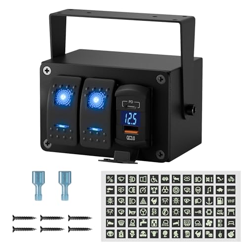Image of Joinfworld 2 Gang Rocker Switch Box Waterproof 12V LED Light Bar Switch Panel SPST ON /Off with Dual USB Outlet PD Type C& QC 3.0 Car USB Port for Boat Marine Automotive Car Truck RV UTV
