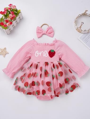 IDOPIP Baby Girls Strawberry Butterfly 1st Birthday Outfit Berry One Romper Smocked Ruffle Tutu Dress with Headband Clothes2