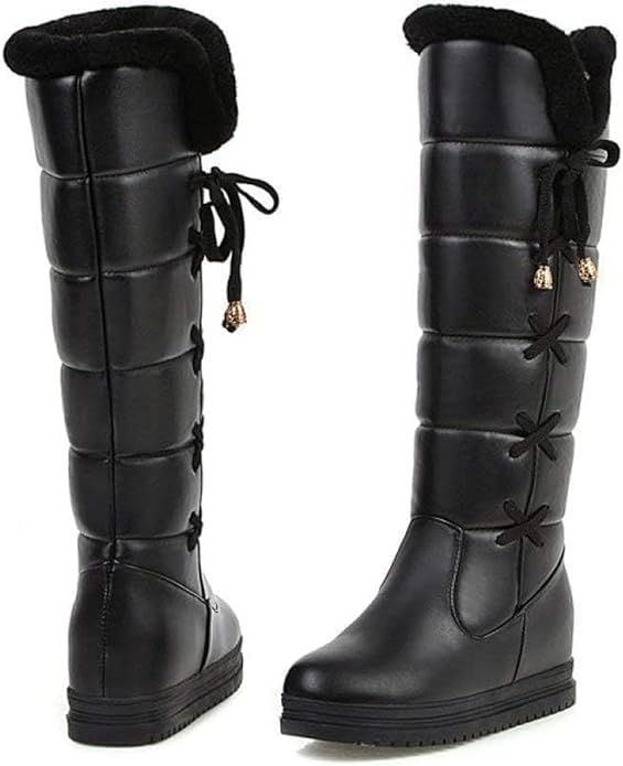 Winter Snow Boots for Women Waterproof Knee High Boots Women Wide Calf Waterproof Cross-Tied Wedges Platform Boots