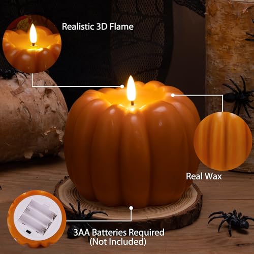 Image of Fall Flameless Candles with Remote, Real Wax Pumpkin Shaped Candle | Flickering Orange Battery Operated Candles, Remote Included, For Autumn, Harvest, Thanksgiving, Halloween, Home, Party Decor