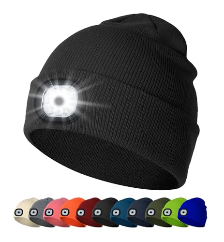 HiRui LED Beanie Hat with Light 6LED USB Rechargeable Headlamp 3 Light Modes Unisex Knit Winter Cap USBC Adapter Included (Black)
