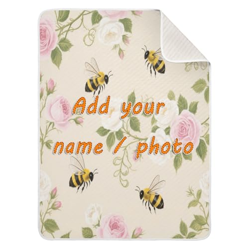 Custom Watercolor Rose Flower Bees Pink Cream Kids Blanket Soft Custom-Made Animal Name Blanket for Girls or Boys 30x40in cobijas para personalizadas