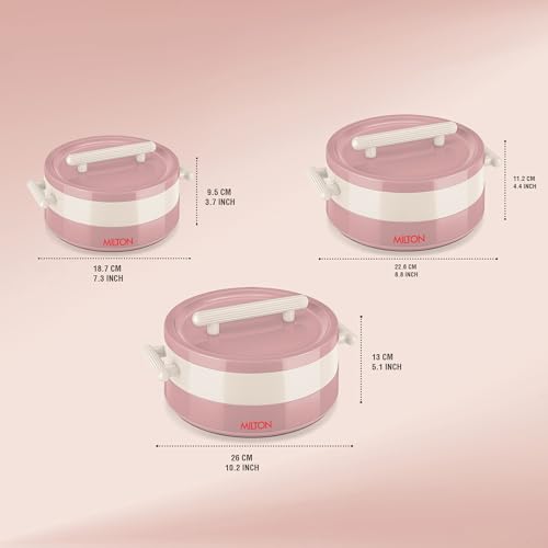Image of MILTON Valenza Insulated Inner Stainless Steel Jr. Casserole Set | Hot Box for Kitchen, Keeps Food Hot & Fresh for Roti, Biryani | Durable Serving Bowls With Lids Set of 3 (400ml, 750ml, 1250ml),Pink