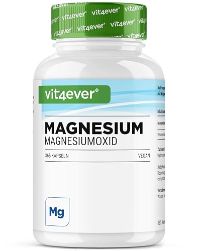 Magnesio de alta dosis - 365 cápsulas (suministro anual) - 667 mg, de los cuales 400 mg de magnesio elemental por dosis diaria a partir de óxido de magnesio - sin aditivos innecesarios