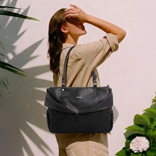 Image of EXOTIC Virelle Textured Dual Panel Handbag for Women | Spacious Multi-Compartment Carryall | Shoulder Carry with Adjustable Sling Strap | Premium PU Leather Purse