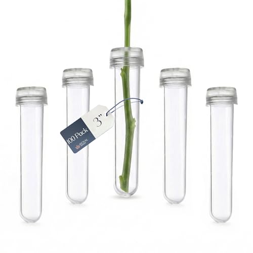 Royal Imports Floral Water Tubes with Caps 3 Clear Plastic Flower Vials for Single Stem Roses Buds Bouquets Standard Style 1/2 Opening 100 Pack