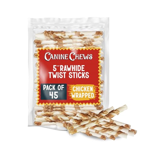 Canine Chews Chicken-Wrapped Rawhide Twists for Dogs - Pack of 45 U.S.A. Sourced Chicken Wrapped Rawhide Dog Treats, Sticks for Dogs - Premium & Natural Beefhide Chews