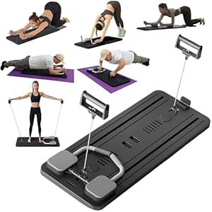 Foldable Pilates Reformer Full Body Fitness Board, Ab Workout Equipment for Home Gym, Automatic Rebound Ab Roller Whee Core Trainer, Multifunctional Exercise System with Resistance Band Push Up Handle