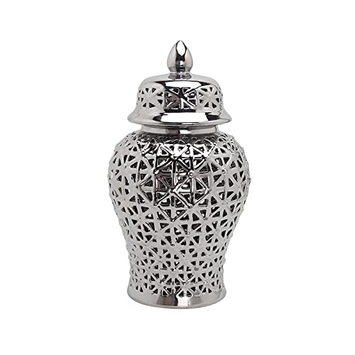 Magideal Traditional Ceramic Hollowed Ginger Jar Porcelain Storage Tank Flower Vase Floral Arrangement Pot For Desktop Decor, Argent #TOP1