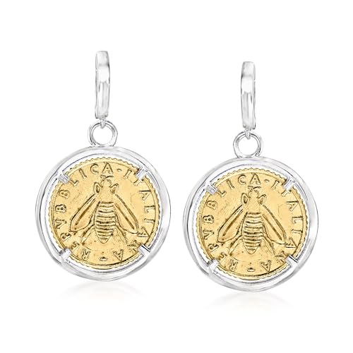 Ross-Simons Italian Replica Lira Bee Coin Drop Earrings in Sterling Silver and 18kt Gold Over Sterling