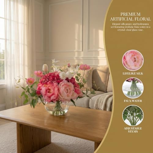 Artificial Flowers in Vase, WELL KNOWN Silk Hydrangea Bouquet and Peonies Artificial Flowers Table Centerpieces with Faux Water for Home Decor Fake Tulips Flower Arrangements for Table Decor (Fuchsia) by WELL KNOWN - Image 3