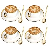 Cappuccino Cups Set of 4, 7 oz Gold Rim Ceramic Coffee Cups with Saucers