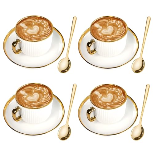 Cappuccino Cups Set of 4, 7 oz Gold Rim Ceramic Coffee Cups with Saucers