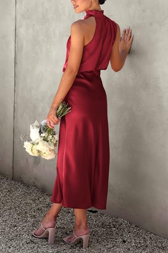 Image of PRETTYGARDEN Women's 2026 Summer Satin Dress Elegant Sleeveless Mock Neck Cocktail Party Maxi Dresses