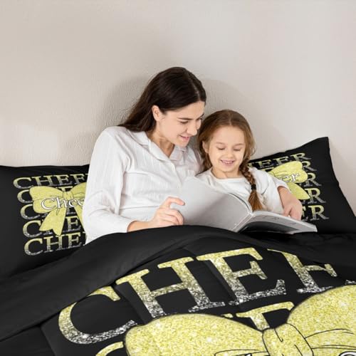 Image of Feelyou Cheer Bow Comforter Set All Season Cheerleader Bedding Set with 2 Pillow Cases Funny Sport Microfiber Kids Queen Bedclothes Yellow Bedroom Decor Duvet Quilt Breathable Soft Lightweight