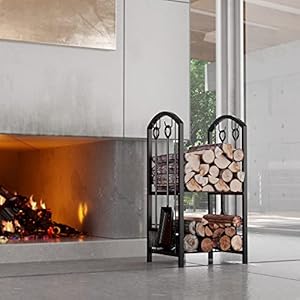 Fire Beauty Fireplace Firewood Log Rack 5 Piece Storage Logs Holder with Tools Set with 4 Tools Set Fireside Holders Wood Lumber Storage Stacking Black