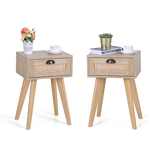 MAISON ARTS Nightstand Set of 2 with Drawer Bed Side Table with Storage Rattan Sofa Couch End Table with Solid Wood Legs Square Side Table for Bedroom, Living Room, Easy to Assemble