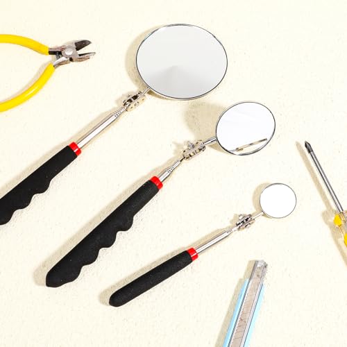 3Pcs Telescoping Inspection Mirror, Flexible Circular Inspection Mirror 360 Rotation with Extended Handle Round Inspection Mirrors for Checking Vehicle Condition(Dia-1/2/3 Inch)