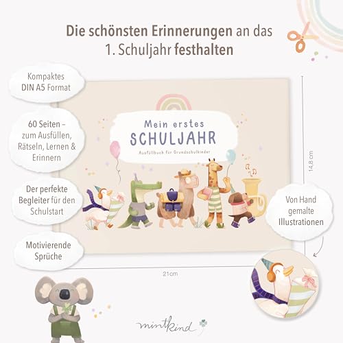mintkind® Erinnerungsbuch Einschulung Beige – Mein erstes Schuljahr für Kinder – Einschulungsbuch DIN A5 mit Fragen, Malvorlagen & Rätseln – Hardcover Album Schule – 60 Seiten Fadenheftung